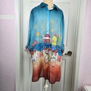 Leoma Lovegrove Colorful Florida Tunic Swim Cover-up Size L Longsleeve Button Up